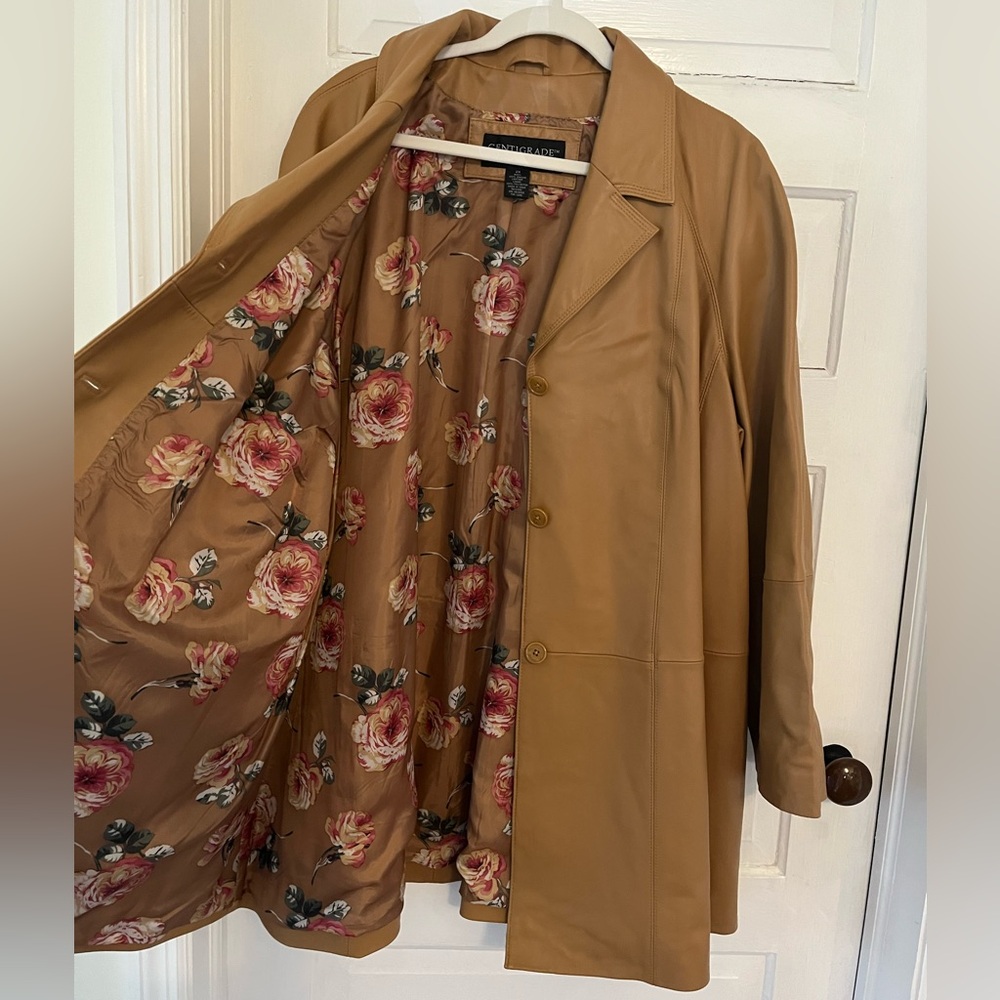 Camel Leather Button-Front Long Jacket - image 3